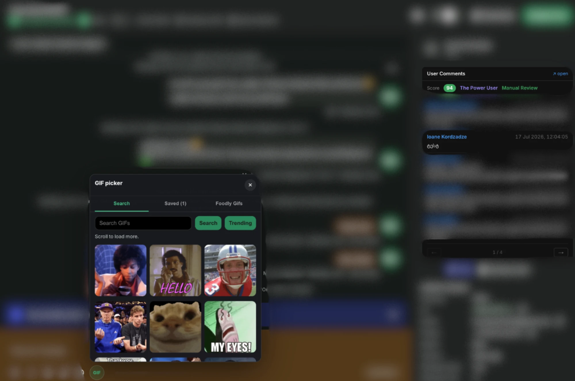 Beehive Plus — injected user-context panel and GIF picker on a case page (case content blurred)