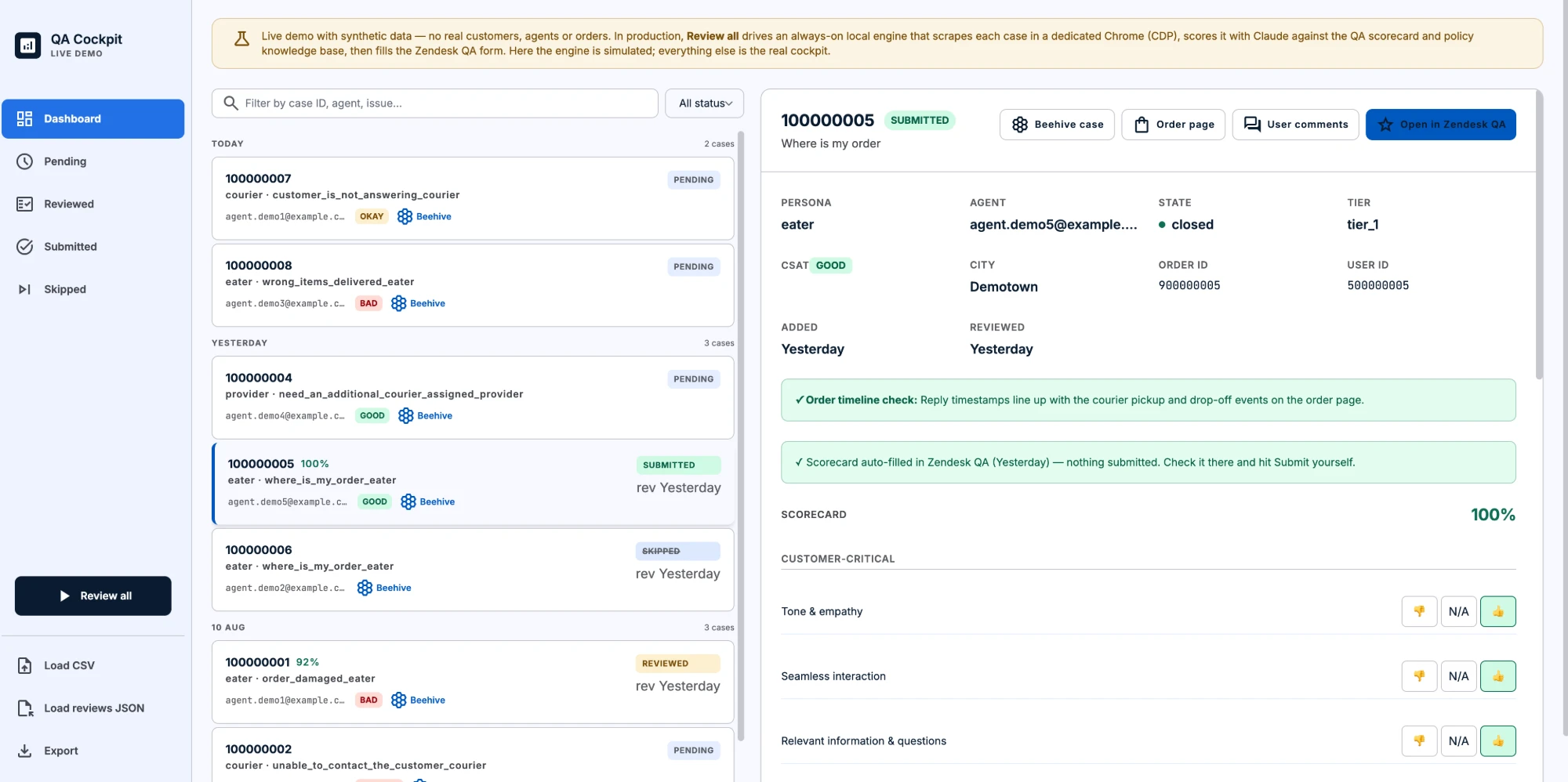 QA Cockpit — case queue with statuses and an auto-filled scorecard (synthetic demo data)